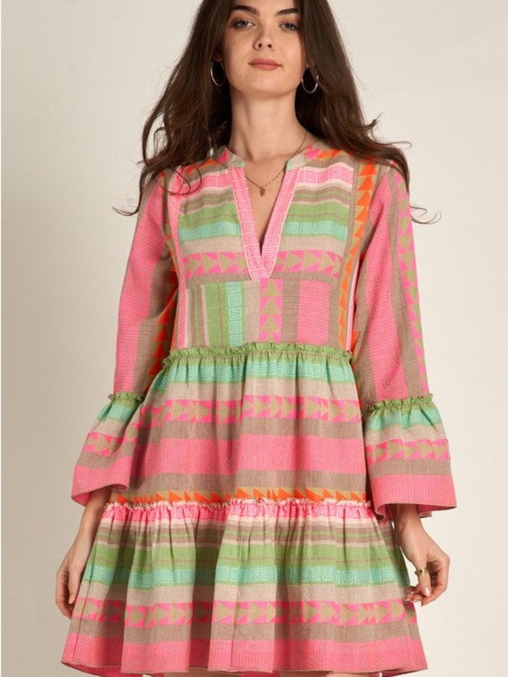 En Creme Pink Mint Orange Tiered Boho Dress
